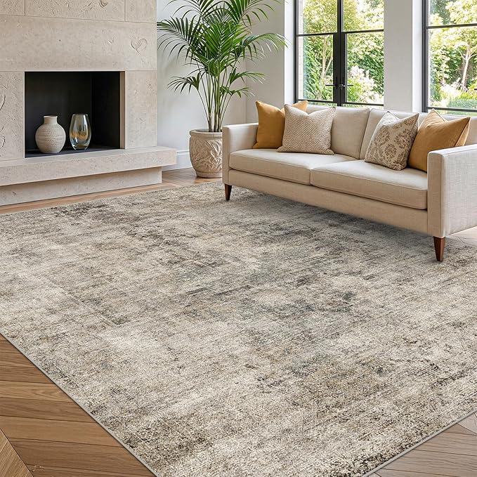 Hazo Haus Farmhouse Washable 5x7 Area Rug for Living Room, Neutral Brown Gray Taupe Distressed Style for Bedroom & Dining Room, Non-Slip Low-Pile Stain Resistant