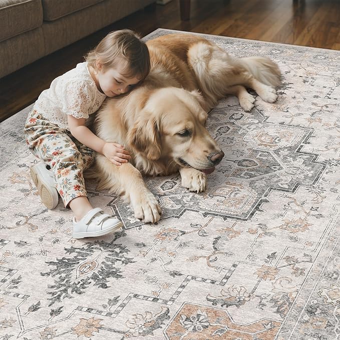 GENIMO 6x9 Reversible Area Rugs for Living Room, Machine Washable Rug with Pad, Non Slip Vintage Rug, Low Pile Lightweight Chenille Print Carpet for Bedroom Dining Room Home Office, Taupe & Blue