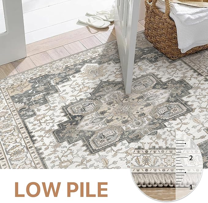 GENIMO 2'6"x8 Runner Rugs for Hallway, Machine Washable Non Slip Vintage Rugs, Low Pile Lightweight Soft Print Rug for enrtyway, Corridor, Home Office, Kitchen, Heathered Grey