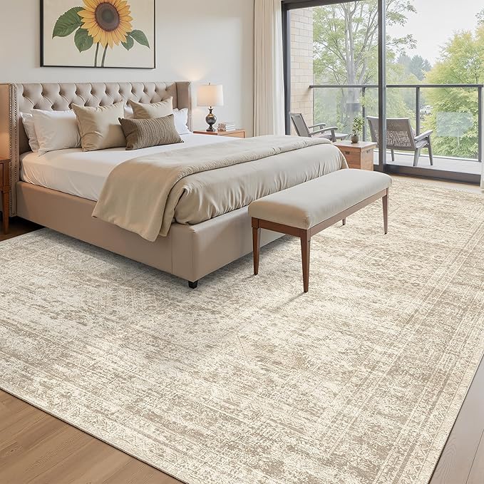 Soalmost 12x15 Washable Area Rug Beige Neutral Abstract Living Room Large Carpet Non Slip Bedroom Indoor Office Dining Room Low Pile Thin Rug