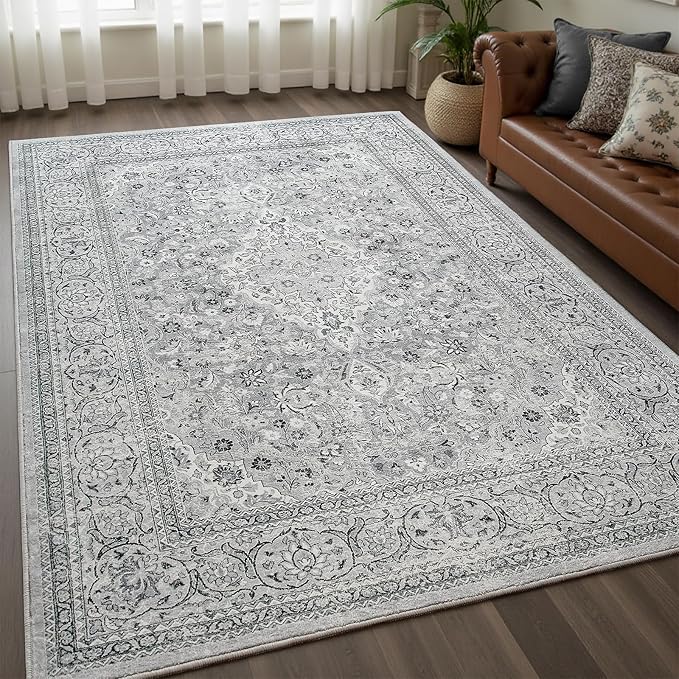 Goideal Washable Rug 4x6, Gray Area Rugs Non Slip, Indoor Low Pile Carpet with Rubber Backing for Living Room Kitchen Bathroom Entryway Office Bedroom