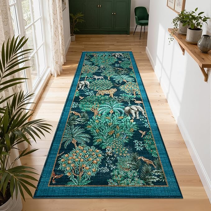 GarveeHome Jungle Rug 2x6 Kitchen Runner Rug Non Slip Washable Runners for Hallways, Animal Print Runner Rugs with Rubber Backing Soft Low-Pile Forest Long Carpet for Bedroom Entryway Laundry, Blue