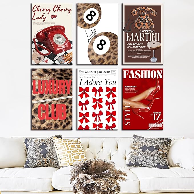 ZxXzkwpP Pink Cheetah Print Room Decor Poster, Trendy Red Fashion Leopard Print Wall Art Aesthetic Lucky 8 Ball Poster Coquette Preppy Y2k Funky Art For Bedroom (Red 8x12x6 Framed)