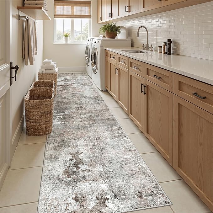 Soalmost Runner Rug 2x12 Washable Non-Slip Hallway Runner Rugs for Kitchen Bathroom Laundry Room Pink/Grey Vintage Floor Carpet Runners for Hallways Entryway