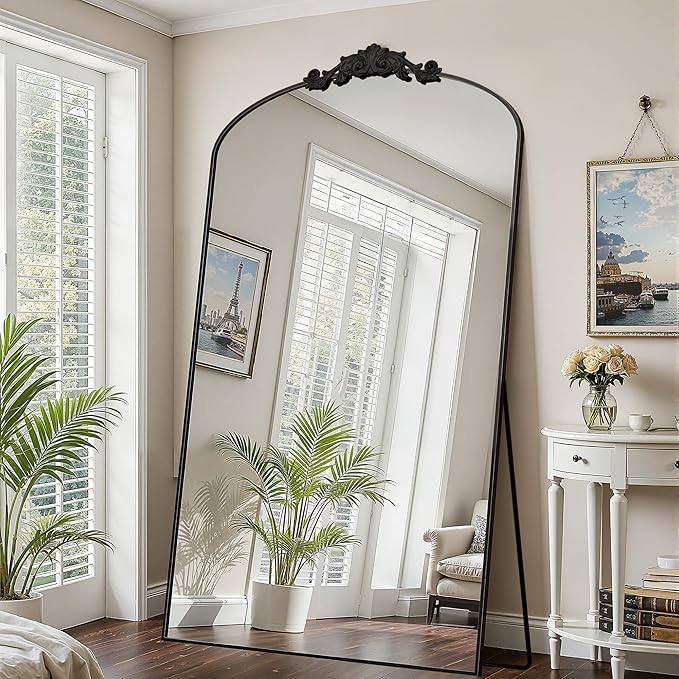 Antok Arched Full Length Mirror, 72"x44" Floor Mirror with Carved, Full Body Mirrors for HomeDecor, Standing/Halling Large Wall Mirror for Bedroom, Living Room, Cloakroom, Black, Retro Style