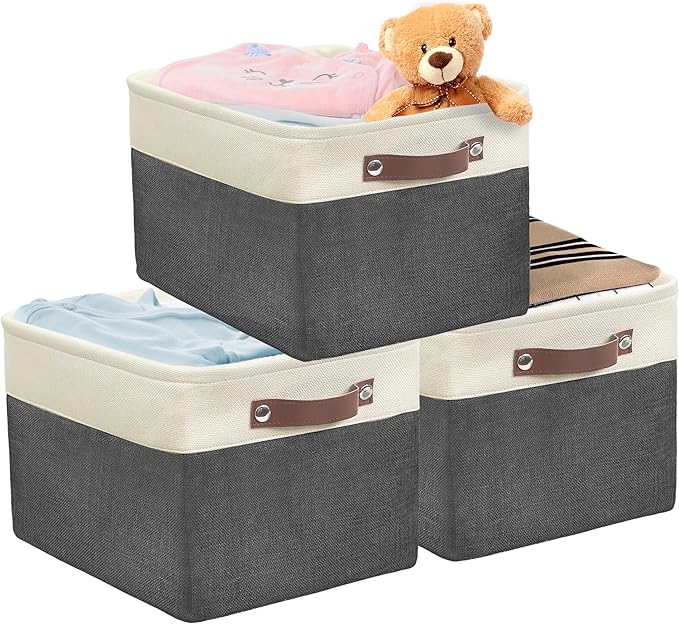 Simple Houseware Large Fabric Storage Bin, 15" x 11" with Leather Like Handles, 3 Pack, Dark Gray