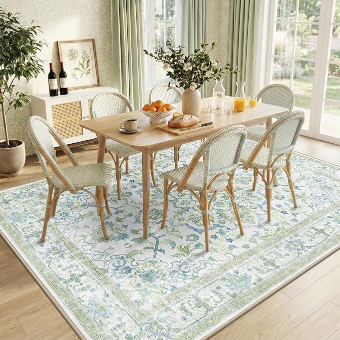 CAPALOCA Machine Washable Rugs Nursery Rug 7x9 Cute Girl Non Slip Low Pile Water Repellent Soft Print Pattern for Bedroom Indoor Decor Kids Playroom Green Blue