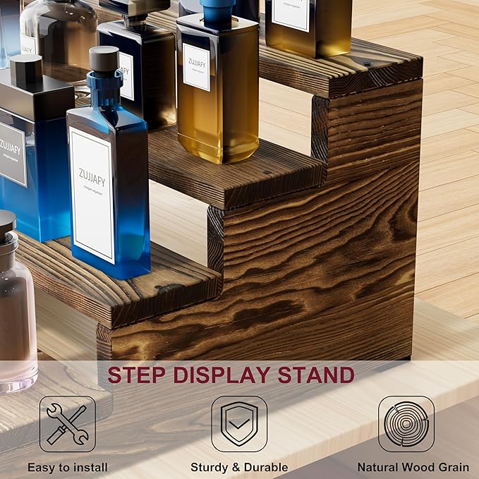 ZUJJAFY Cologne Organizer for Men, 4 Tier Wooden Cologne Stand Mens Fragrance Shelf, Tiered Wood Risers Display Stands for Perfume, Cupcake, Figures, Dessert