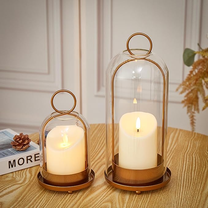 Hurricane Metal & Glass Candle Holder Gold Set of 2, Decorative Candlestick Pillar Candle Holder with Clear Glass for Wedding Party Christmas Holiday Dining Table Centerpiece Lanter