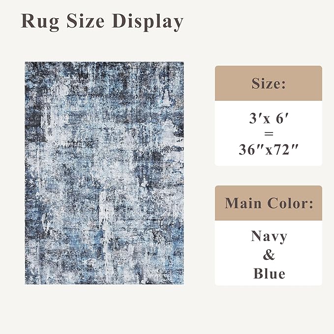 3x6 Washable Wide Runner Rug – Non-Slip Floor Carpet Runner for Kitchen Entryway Hallway Bathroom, Modern Abstract Low Pile Thin Area Rug (Navy Blue, 3x6)