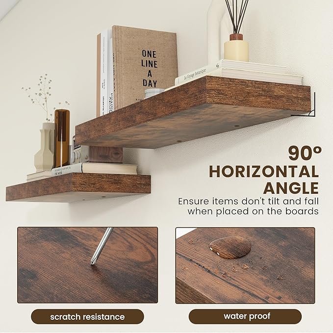 FLYJOE Deep Floating Shelves | 36 Inch Brown Floating Shelves Set of 2 | 12 Inch Deep Rustic Wood Shelves for Wall | 36" W x 12" D Brown Shelves for Living Room Bathroom Laundry Room Kitchen