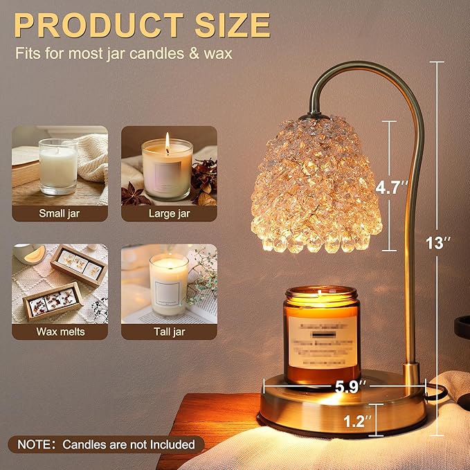 Candle Warmer Lamp with Timer Dimmer, Crystal Candle Lamp Birthday Gifts for Women, Mom, House Warming Gifts Wax Melt Warmer for Jar Candles with 2 Bulbs, Gold