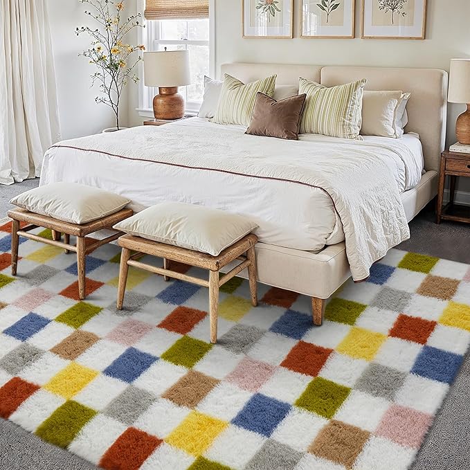 PureCozy Checkered Rug 6x9 for Living Room, Colorful Modern Shag Rug Washable Non-Slip Large Area Rug Super Soft Indoor Fuzzy Carpet Fluffy Rugs for Bedroom Home Aesthetic Decor