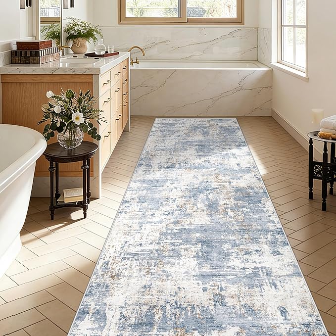 XLUEZ 2.6x10 Runner Rug for Hallway, Washable Modern Abstract Runner Rugs Neutral Soft Non Slip Kids Rug Stain Resistant Indoor Runners for Entryway Bedroom Kitchen Laundry Room(Blue, 2'6''x10')