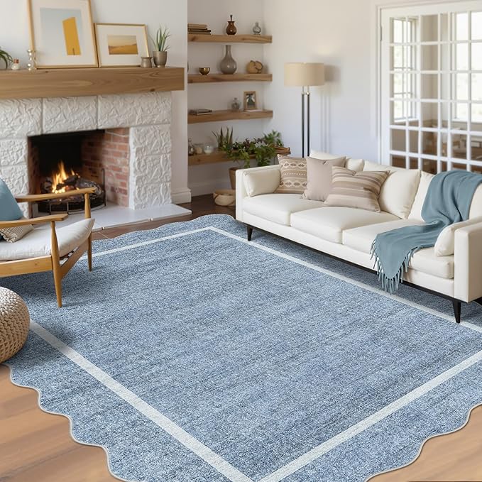 GarveeHome Scalloped Large Living Room Area Rug 6x9 - Machine Washable Modern Rugs Bordered Neutral Rug Non-Shedding Low Pile Farmhouse Carpet for Bedroom Nursery Classroom Dorm 6 ft x9 ft Blue