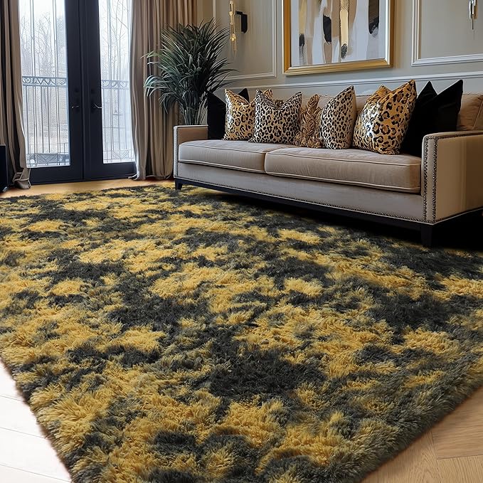 Amdrebio Black Gold Yellow Grey Rugs for Living Room Bedroom Decor, 6x9 Large Fluffy Furry Fuzzy Area Rug for Kids Room Dorm Home Office, Modern Cool Leopard Cheetah Shag Carpet for Teen Boys Men