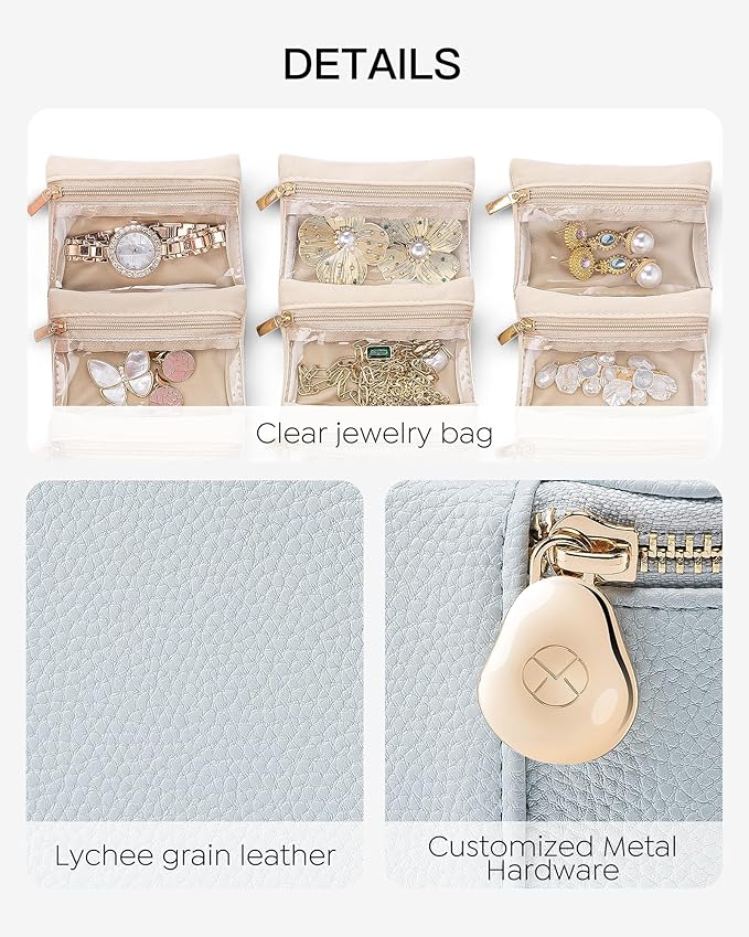 Vlando Jewelry Travel Case,Travel Jewelry Organizer with Clear Velvet Jewelry Bags 6Pcs Zipper Pouch for Women Wedding,Birthday Gift-Baby Blue