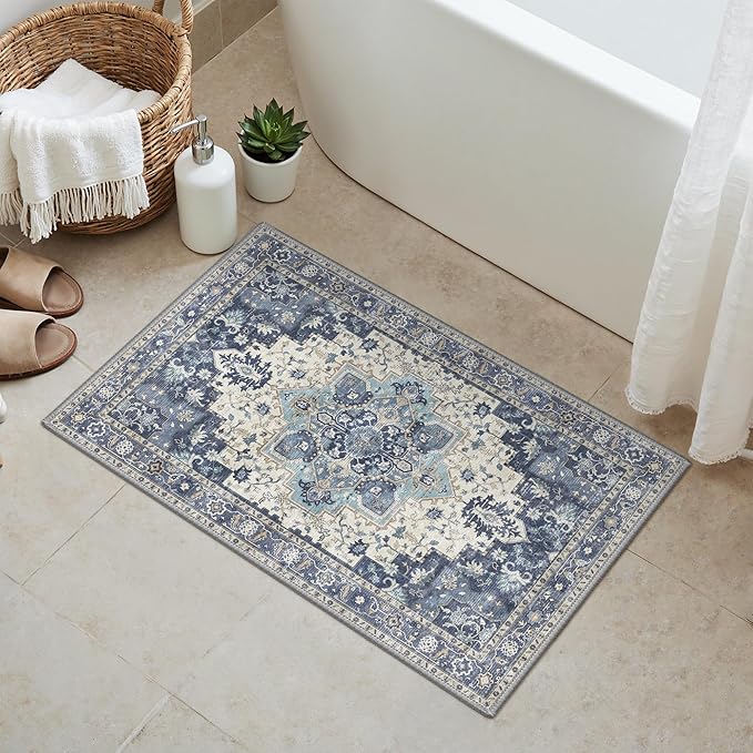 GENIMO Area Rug 2x3 Doormat, Machine Washable Low Pile Rugs, Small Retro Chenille Entryway Mat for Entrance, Hallway, Kitchen and Corridor, Center Blue