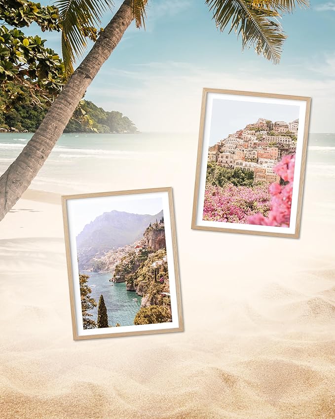 HesenDot Natural OAK Wood Framed Italy Coastal Wall Art,12x16in Amalfi Coast Canvas Wall Print,Positano Seascape Boho Poster Wall Decor for Living Room,Bedroom,Office Gallery Set of 1