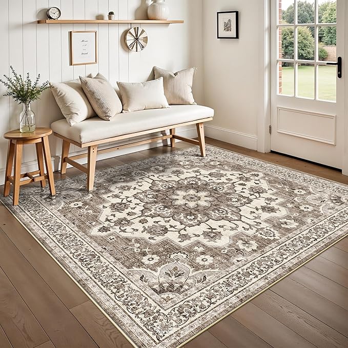 TOPRUUG Washable 5x5 Rug Square - Ultra Soft Living Room Area Rug Under Sofa Non-Slip Rugs for Bedroom Dining Room - Stain Resistant Farmhouse Decor for Family with Pets & Kids (Beige, 5x5)