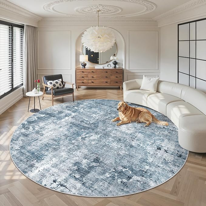 Soalmost 9x9 Blue/Grey Round Rug 9ft Living Room Circle Rug Vintage Round Area Rug Non Slip Indoor Carpet for Apartment