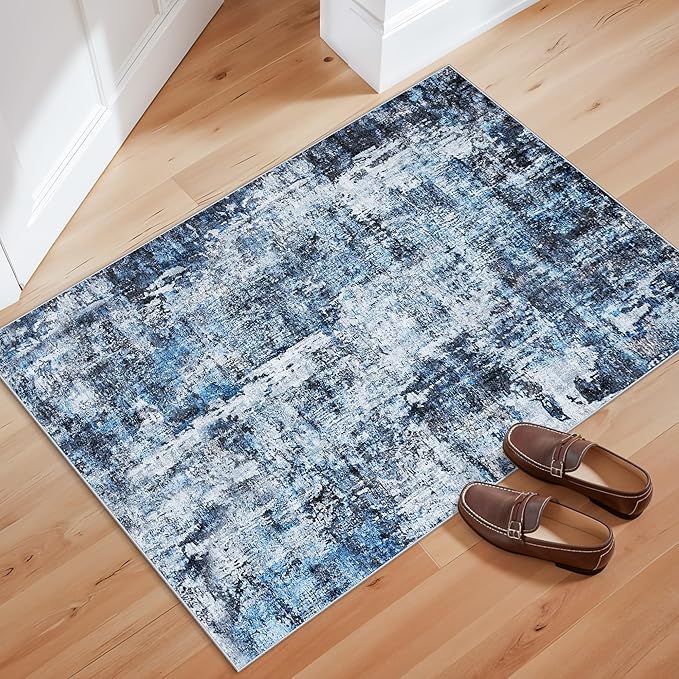 2x3 Washable Non-Slip Area Rug - Soft Low Pile Throw Rug for Kitchen Entryway Bedroom - Modern Indoor Door Mat with Rubber Backing (Blue, 2x3)