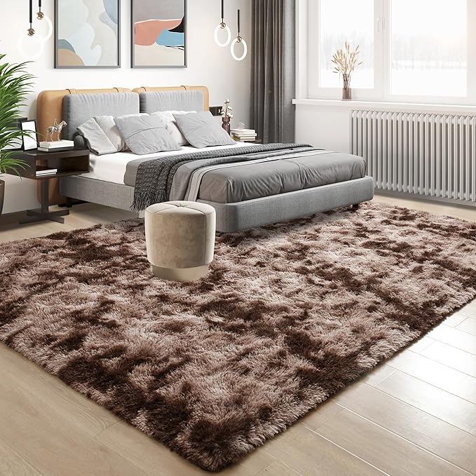 Tepook Fluffy Large Rugs for Living Room, 8x10 Area Rugs for Bedroom, Modern Shag Fuzzy Carpets for Kids Boys Girls, Plush Indoor Nursery Home Decor Rug with Non-Slip Bottom, Tie-Dyed Coffee