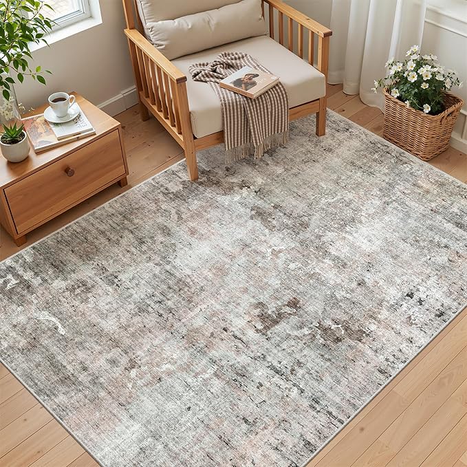 Soalmost Area Rugs 4x6 for Living Room, Vintage Washable Rugs for Dining Room, Kitchen, Non-Slip Area Rug Pink Grey