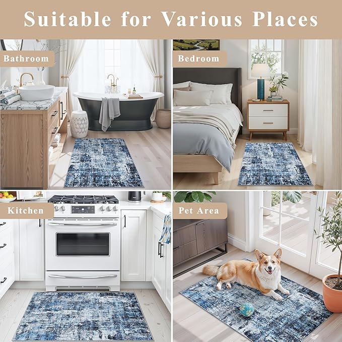 2x5 Washable Kitchen Runner Rug – Non-Slip Rubber Backing Low-Pile Soft Small Rug for Hallway Bathroom Bedroom Entryway Laundry Room – Modern Neutral Abstract Thin (Navy Blue)