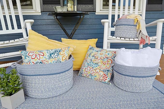 Super Area Rugs Wool-Made Soft Storage Basket with Handles Braided Trendy Decorative Bin, Sunrise Blue, 18" x 12"