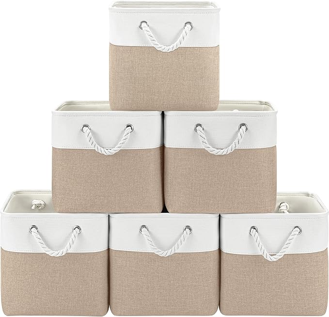 Patvingot 11 Inch Cube Storage Bins, 6 Pack Fabric Storage Cubes with Rope Handles, Organizer Baskets for Closet Shelves, Clothes and Home Organization(White/Khaki)