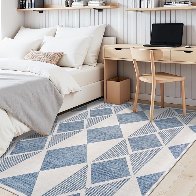 TOPRUUG Area Rug 5x6 Washable: Geometric Non-Slip Low Pile Rugs for Living Room Large Kitchen Bedroom Office - Ultra Soft Modern Aesthetic Home Decor (Blue White, 5X6)