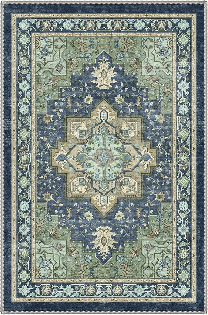 GENIMO Area Rug 2x3 Doormat, Machine Washable Low Pile Rugs, Small Retro Chenille Entryway Mat for Entrance, Hallway, Kitchen and Corridor, Green & Navy