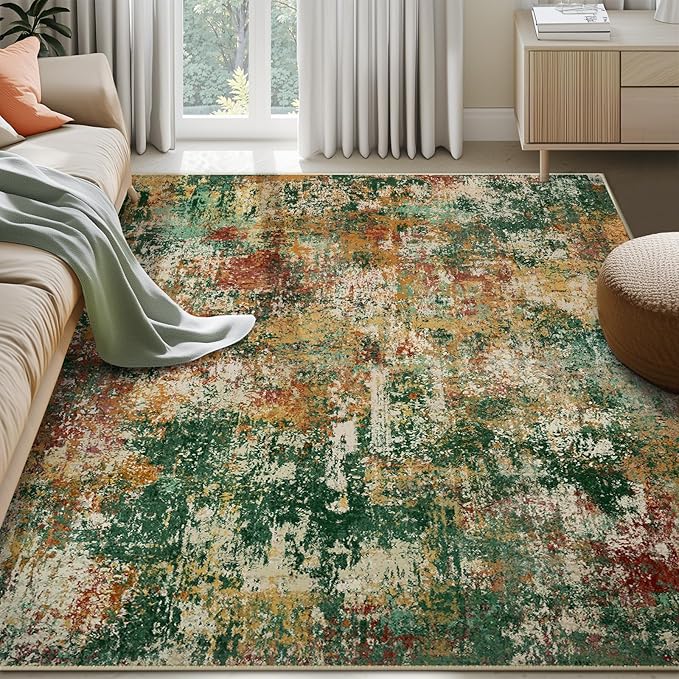 RELEANY Washable Area Rugs 10'x14 Non-Slip Modern Abstract Soft for Living Room Entryway Bedroom Nursery, Print Pattern, Green Orange Rust Red Cream Colorful