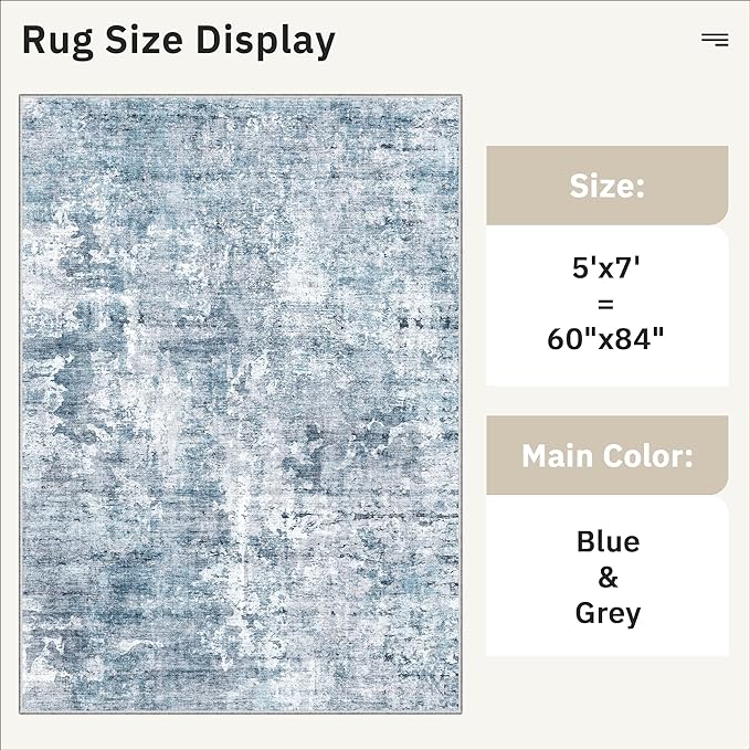 Soalmost Abstract Rug 5x7 Machine Washable Area Indoor Blue Low Pile Non-Slip Foldable Thin Accent Rugs for Bedroom Living Room Dining Room