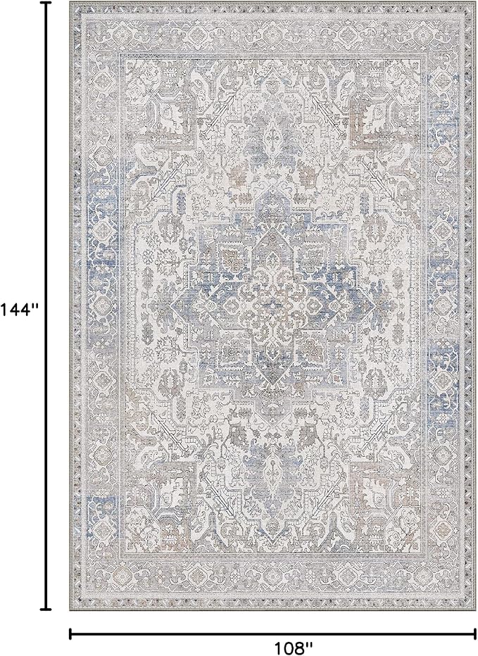GENIMO 9x12 Area Rugs for Living Room, Machine Washable Non Slip Vintage Retro Rugs, Low Pile Lightweight Thin Print Rug for Bedroom, Dining Room, Home Office, Khaki Blue