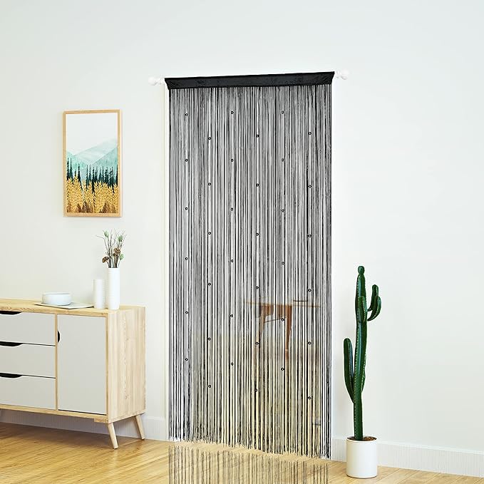 YaoYue Beaded Curtain Door String Curtains for Doorway Tassels Beads Hanging Fringe Hippie Room Divider Window Hallway Entrance Wall Closet Bedroom Privacy Decor (39×110in/100×280cm, Black)