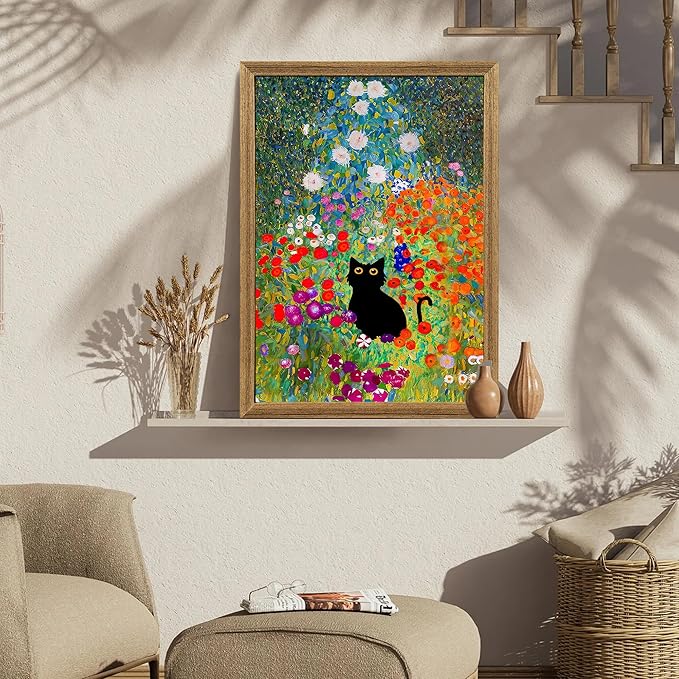 Fantasy Artists Gustav Klimt Canvas Wall Art, Framed Aesthetic Cat Floral Wall Decor, Garden Flower Black Cat Poster Paintings for Living Room Bedroom Bathroon, Dorm Home Decorations, 16" X 24"