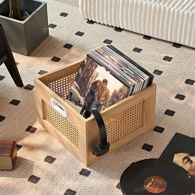 LELELINKY 2 Pack Vinyl Record Storage Crates, Rattan Vinyl Record Holder with Handle, Natural Wood Record Crate for Vinyls Holder up to 75 LP's, Desktop Cube Album Storage for Vinyls Records