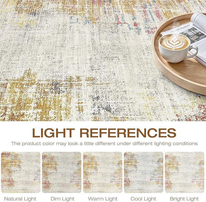5x7 Area Rugs Living Room: Washable Large Neutral Rug Abstract Soft Modern Stain Resistant Indoor Floor Non-Slip Carpet for Bedroom Nursery Kids Classroom Playroom Dining Room Office- Gold Colorful