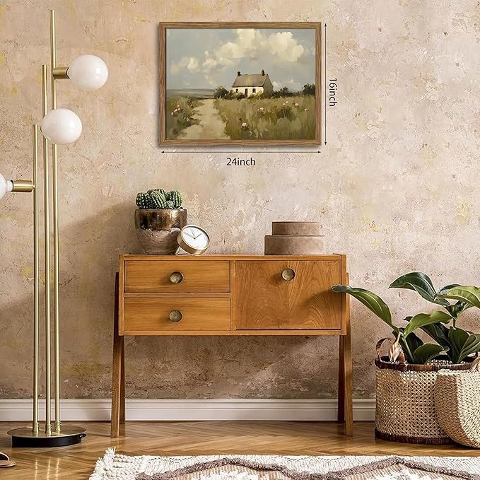 Vintage Wall Art, Framed English Countryside Cottage Painting Print, Country Farmhouse Canvas Wall Art, Rustic Landscape Pictures Artwork Wall Decor for Bedroom Living Room – 16x24 inch