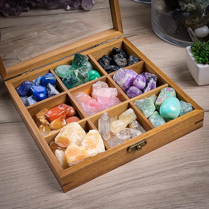 Curawood Rock Display Case - 8" x 8" Rock Collection Box for Kids & Adults - Crystal Holder for Stones Display Shelf with 9 Compartments & Acrylic Lid - Gemstone & Crystal Storage Box Organizer