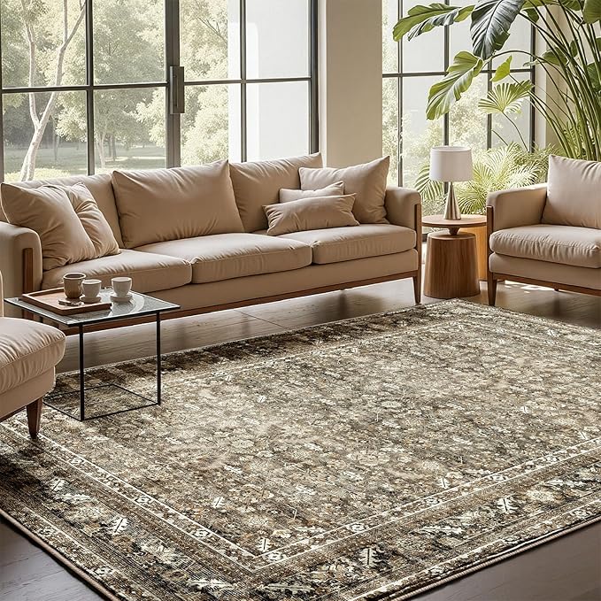 OPPODREAM Vintage Brown Area Rugs 10x14, 10 x 14 Retro Washable Rug Non Slip, Low-Pile Faux Wool Carpet, Distressed Floor Mat for Living Room, Bedroom, Office, Dorm, Dinning Room, Big & Large