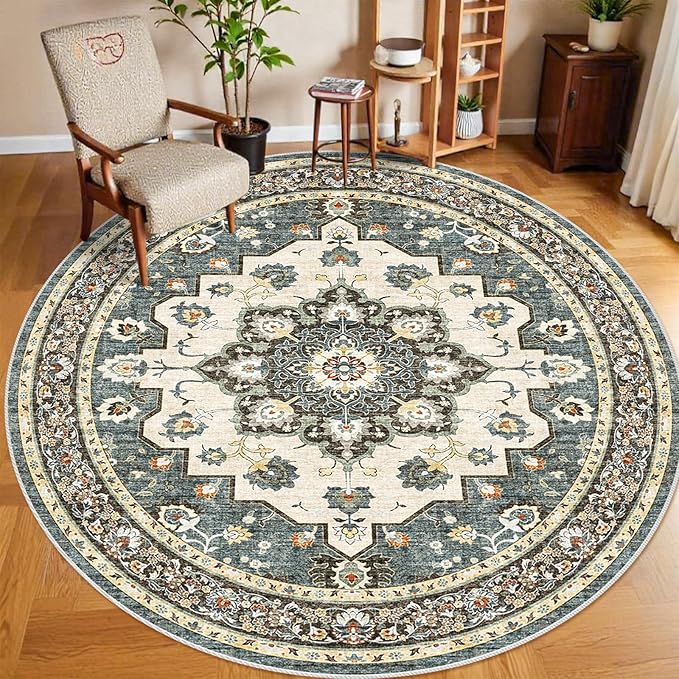 TOPRUUG Washable Oriental Area Rug - 8ft Round Rugs for Living Room Soft Carpet for Bedroom Waterproof Floral Distressed Indoor Stain Resistant Non-Shedding Floor Carpets (Blue, 8ft-Round)