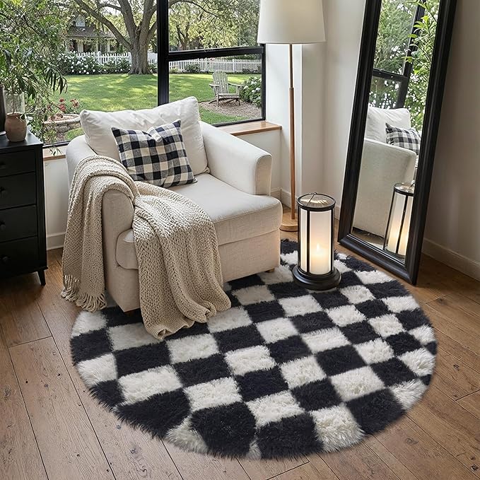 PureCozy Checkered 4x4 Round Rug for Playroom, Black and White Modern Shag Rugs Super Soft Washable Fluffy Carpet Indoor Office Fuzzy for Bedroom Living Romm Home Dorm Aesthetic Decor