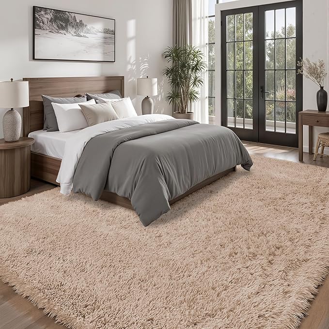 Area Rug for Living Room Bedroom: 9x12 Camel Soft Fluffy Shag Upgrade Non-Slip High Pile Carpet Large Fuzzy Plush Indoor Floor Decor Shaggy Rug for Kid Boys Girls Dorms Playroom Nursery Modern Home