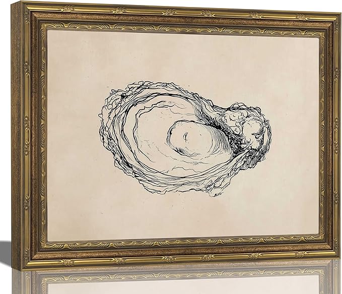 Gold Framed Wall Art Vintage Oyster Shell Sketch Wall Art Rustic Kitchen Cottagecore Seashell Wall Decor Picture Summer Beach House Still Life Poster Print for Living Room Dining Room 9x11in
