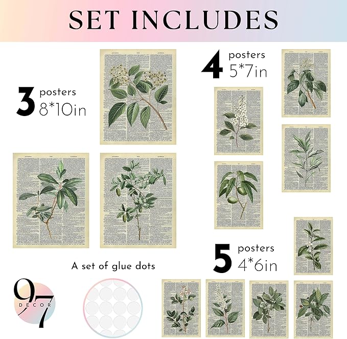 97 Decor Vintage Botanical Wall Art - Greenery Plant Posters For Room Aesthetic, Retro Green Plant Pictures Wall Decor, Vintage Botanical Prints For Home Bedroom Office Decorations (unframed)
