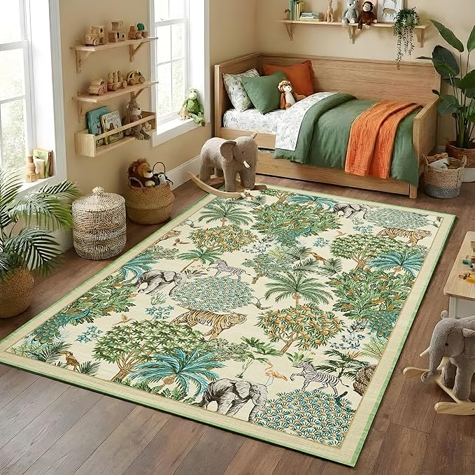 GarveeHome Jungle Animal Print Rug 4x6 Washable Area Rugs for Living Room, Forest Rug Non Slip Soft Low Pile Stain Resistance Throw Carpet for Bedroom Kids Playroom Nursery Beige