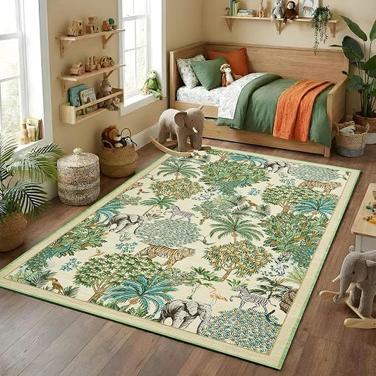 GarveeHome Jungle Animal Print Rug 4x6 Washable Area Rugs for Living Room, Forest Rug Non Slip Soft Low Pile Stain Resistance Throw Carpet for Bedroom Kids Playroom Nursery Beige